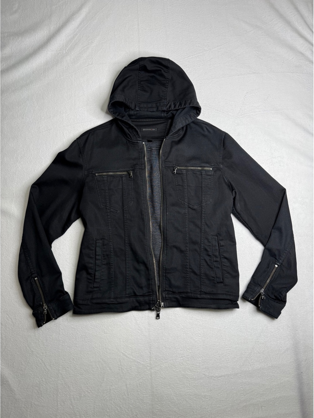 John Varvatos U.S.A. Men’s Large Black Hooded Moto Jacket Zip Pockets